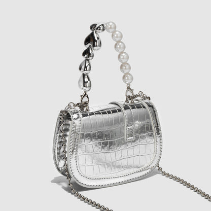 Pearl Chain Mini Silver Handbag Crossbody Bag