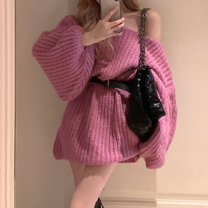 Loose Long Sleeve Belted Pink Knit Dress