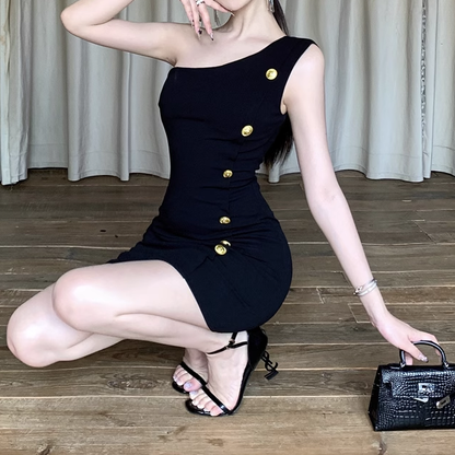 Metal Buckle One Shoulder Black Bodycon Dress