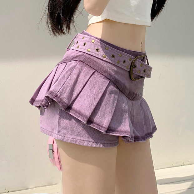 Vintage High Waist Belt Purple Denim Pleated Skirt