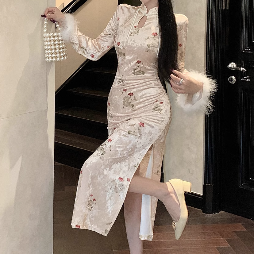 Furry Sleeve Floral Slit Slim Cheongsam Dress