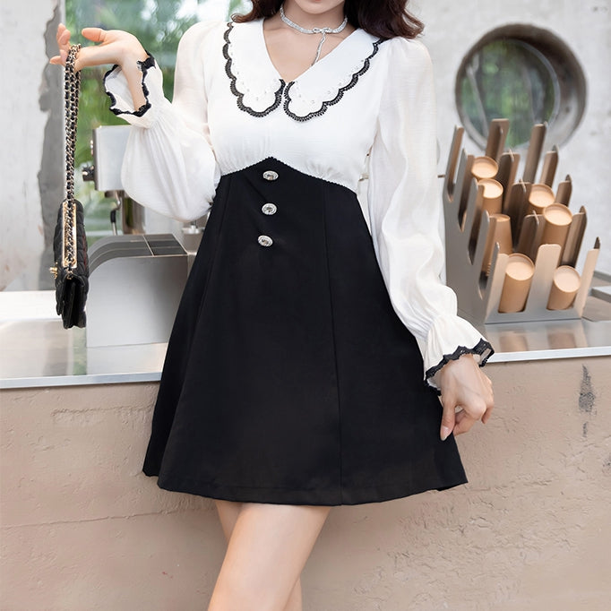 Lace Edge Doll Collar Color-Blocked Long-Sleeved Dress