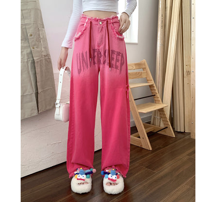 Gradient Pink Letter Destroyed Drawstring Jeans