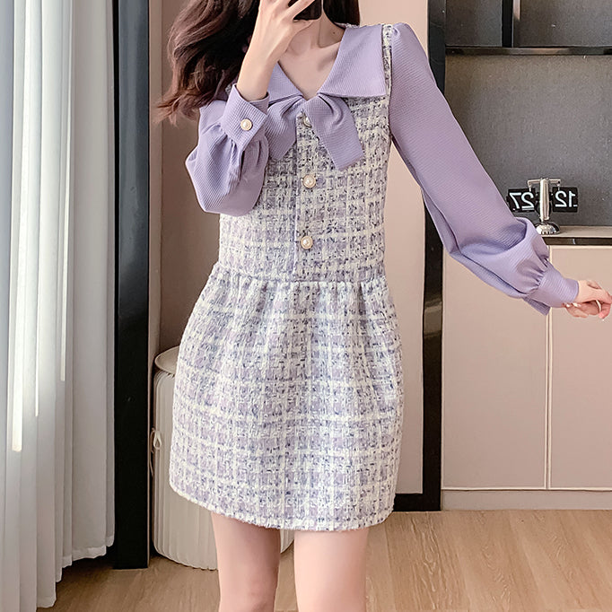 Elegant Purple Tweed Colorblock Dress