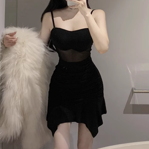 Sexy Mesh Splicing Irregular Suspender Dress