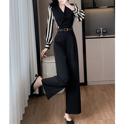 Striped Long-Sleeved V-Neck High-Waisted Wide-Leg Jumpsuit