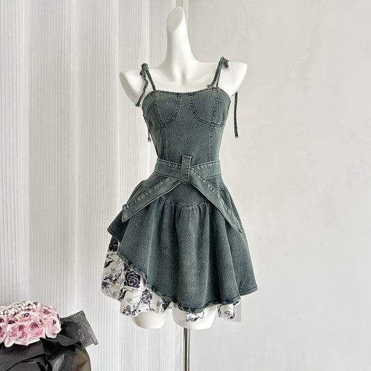 Rose Edge Splicing Belt Denim Suspender Dress