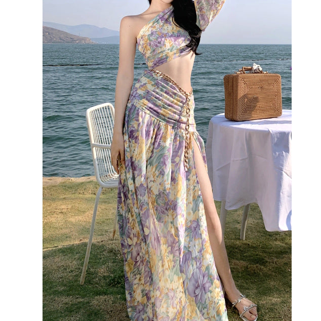 One-Shoulder Off-Waist Chain Holiday Floral Dress