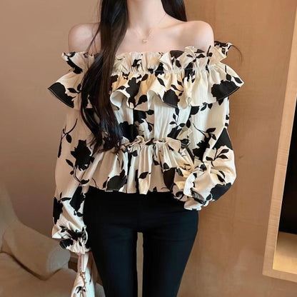 Floral Long-Sleeved Shirt Off-Shoulder Ruffled Top