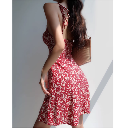 Backless Waist V-Neck Red Floral Suspender Dress