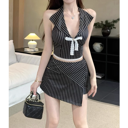 Backless Bow Striped Short Top Irregular Skirt Set