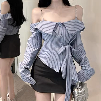 Striped Off-Shoulder Waist Tie Shirt Top