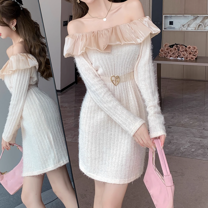 Ruffled Fur Sweater Long-Sleeved Knitted Dress