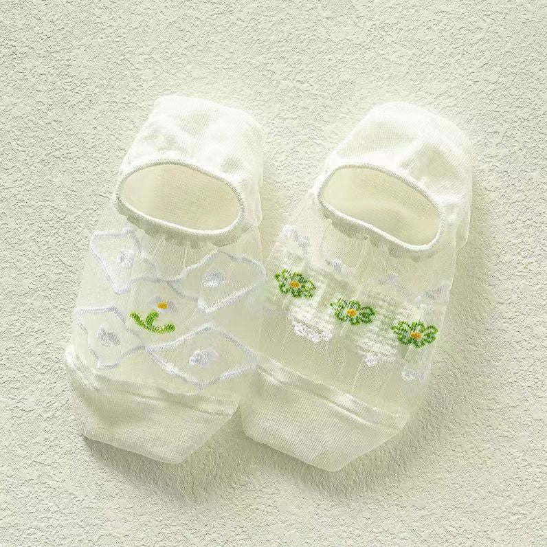 Hollow Breathable Short Floral White Socks Set