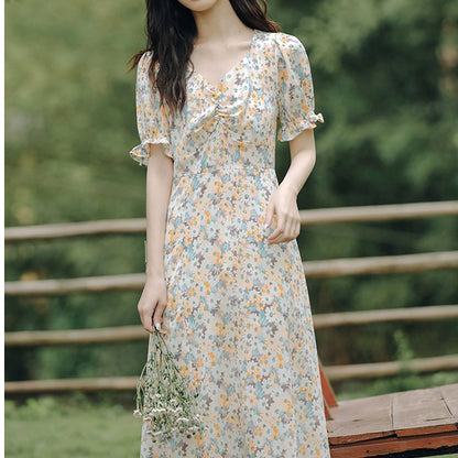 V-Neck Twisted Puff Sleeve Slit Waist Floral Dress