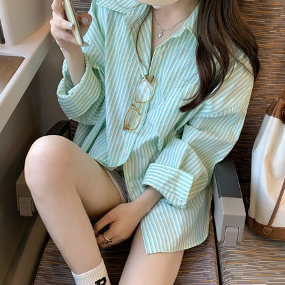 Green Striped Long-Sleeved Loose Casual Shirt