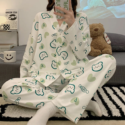 Button V-Neck Cartoon Long-Sleeved Home Pajamas