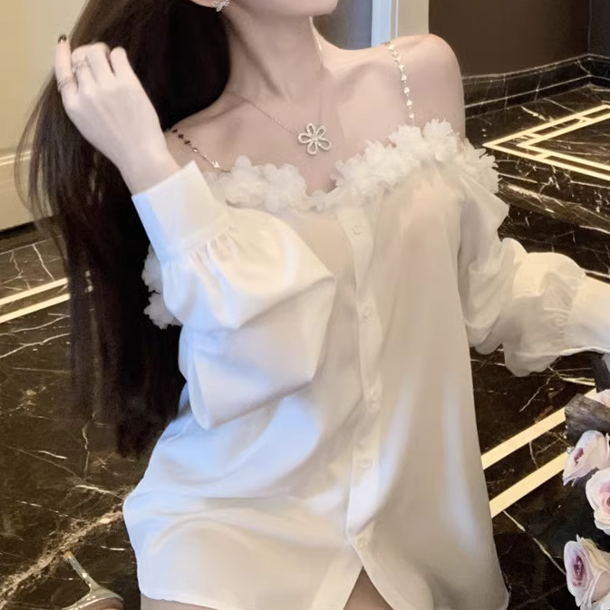 Lace Chain Off-Shoulder Loose Shirt Top