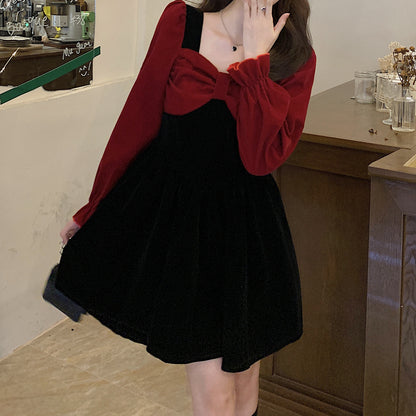 Oversized Bow-Paneled Velvet Long-Sleeve Dress