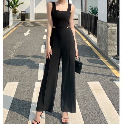 Hollow High-Waisted Wide-Leg Suspender Jumpsuit