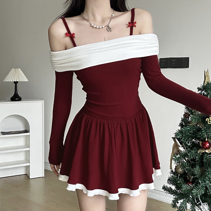 Off-Shoulder Bow Slim Christmas Pleated Dress