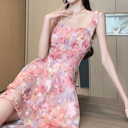 Square Neck Waist Irregular Floral Sling Dress