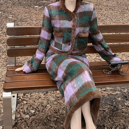 Plaid Wool Single-Breasted Short Coat Skirt Set