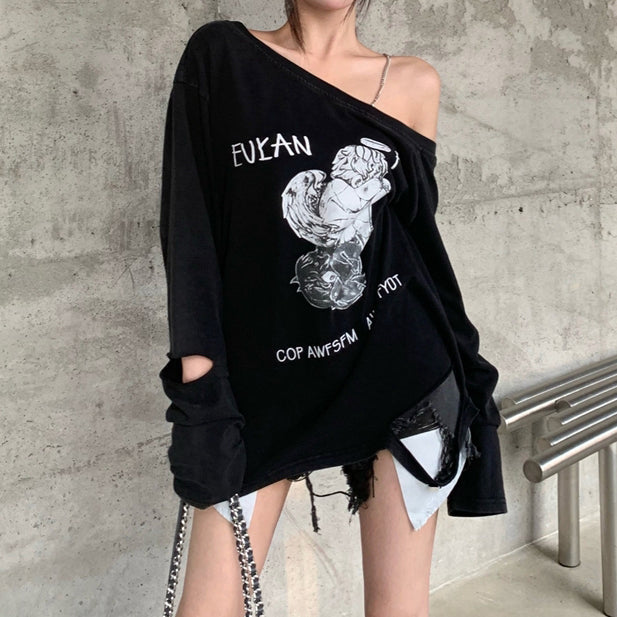 70% Slanted Collar Loose Off Shoulder Long Sleeve T-Shirt