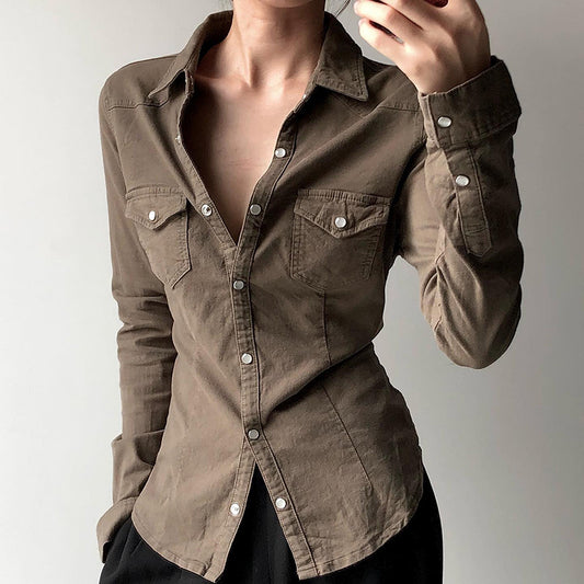 Workwear Denim Lapel Shirt Pleated Button-Down Pocket Split Top