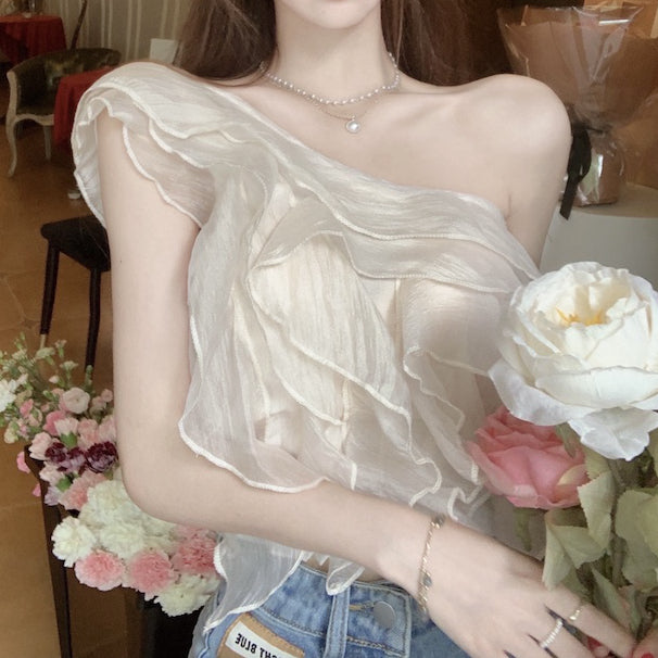 One-Shoulder Ruffled Pearl Chiffon Shirt Top