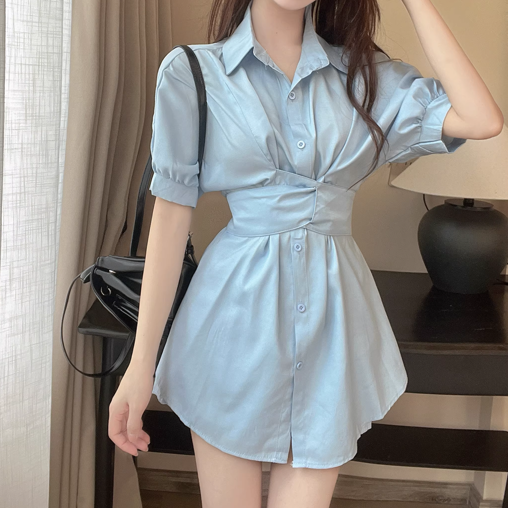 Waist-Tie Lace-Up Short-Sleeved Shirt Dress