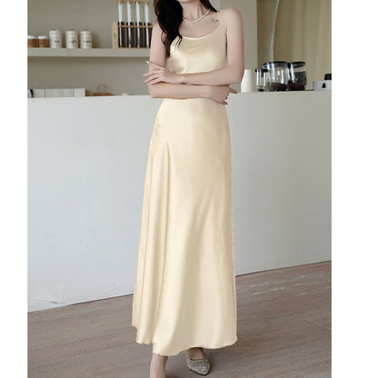 Satin High-Waist Solid Color A-Line Suspender Dress