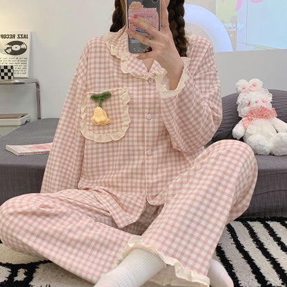 Floral Plaid Ruffle Collar Casual Home Pajamas Set