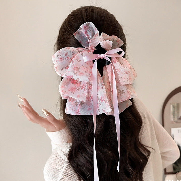 Floral Bow Ribbon Hairpin At The Back Of The Head