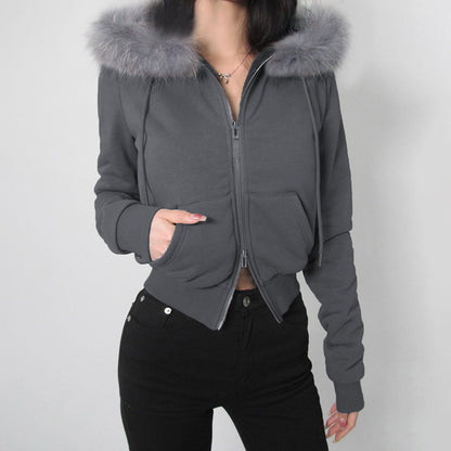 Furry Hooded Warm Zippered Short Jacket Top