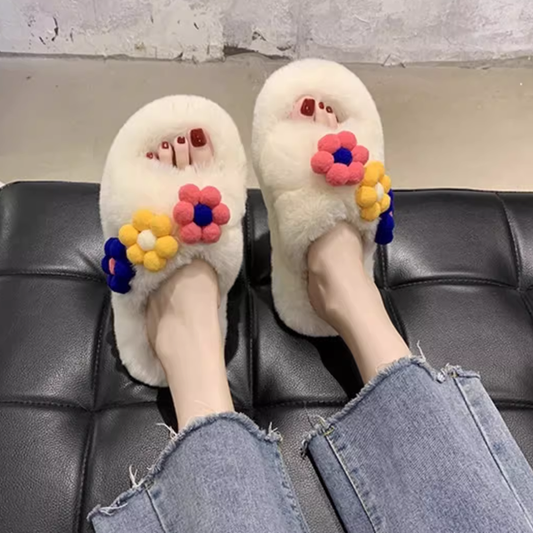 Furry For Outer Wear Shoes Flower Home Cotton Slippers