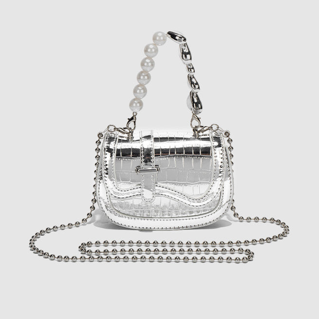 Pearl Chain Mini Silver Handbag Crossbody Bag