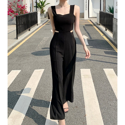 Hollow High-Waisted Wide-Leg Suspender Jumpsuit