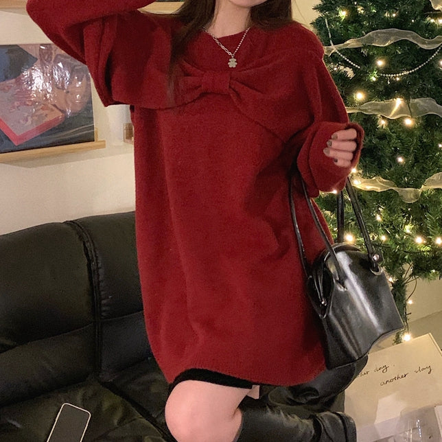 Red Bow Off-Shoulder Christmas Sweater Dress