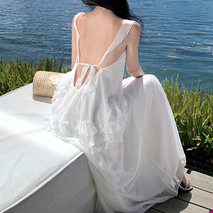 Ruffled Backless Holiday Long White Dress