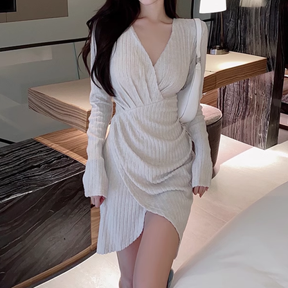 Brushed V-Neck Long Sleeve Irregular Slim Dress