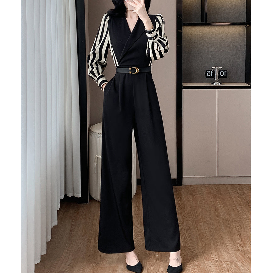 Striped Long-Sleeved V-Neck High-Waisted Wide-Leg Jumpsuit