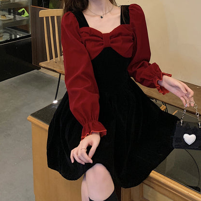 Oversized Bow-Paneled Velvet Long-Sleeve Dress