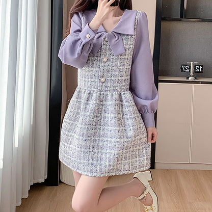 Elegant Purple Tweed Colorblock Dress