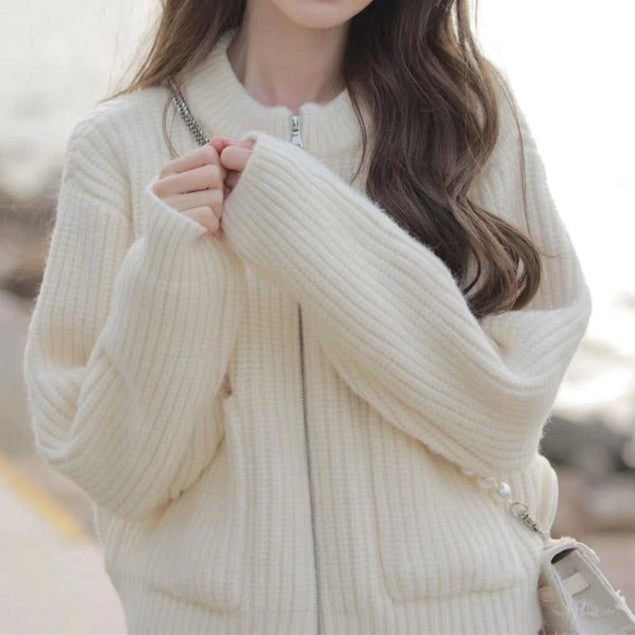 Zipper Knit White Sweater Cardigan Top