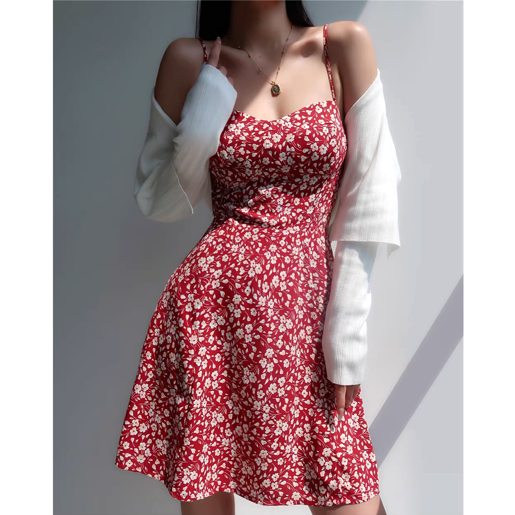 Backless Waist V-Neck Red Floral Suspender Dress