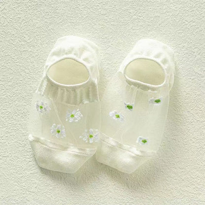 Hollow Breathable Short Floral White Socks Set