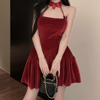 Backless Velvet Red Party Dance Pleated Dress