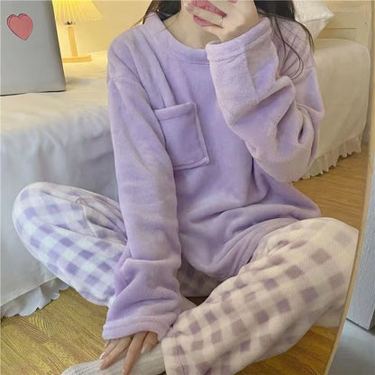 Cartoon Coral Fleece Round Neck Warm Pajamas Set