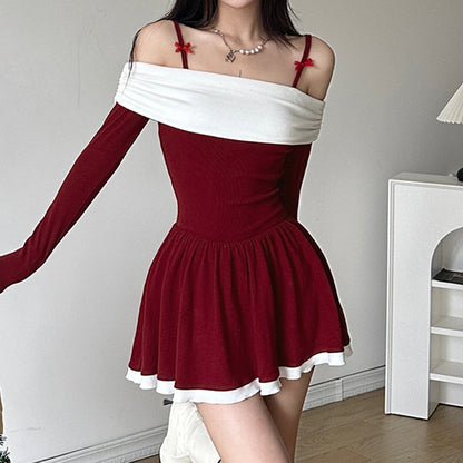 Off-Shoulder Bow Slim Christmas Pleated Dress